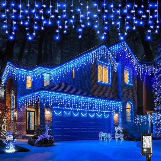 Icicle Christmas Lights Outdoor, 16.5FT 200 LED Icicle Lights for Outside with 8 Modes Waterproof, Connectable Curtain String Light for Indoor Bedroom Home Eaves Party Wedding Decorations, Blue