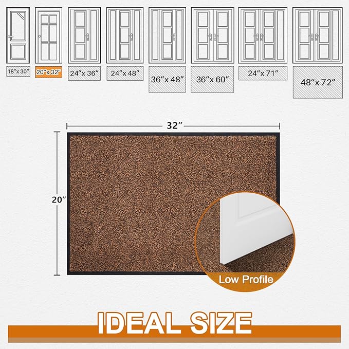 Mibao Front Door Mat, Dirt Trapper Welcome Mat for Outdoor Indoor, Non-Slip Waterproof Doormat, Durable Machine Washable Low Profile Entry Rug for Back Door Outside Patio Porch, 32" x 20", Brown
