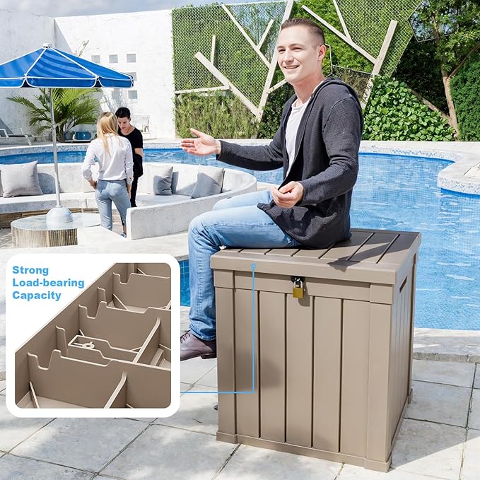 DRATO 50 Gallon Deck Box, Outdoor Storage Box for Patio Cushion, Sports Equipment, Garden Tools, Waterproof Patio Storage box, Lockable (Light Brown)