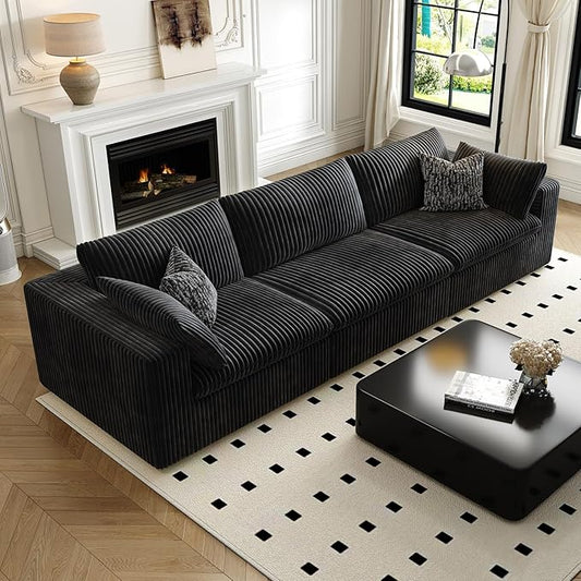 118" Cloud Couch Modular Sectional Sofa for Living Room,Modern Sofa with Deep Seat，3 Seater Boneless Couch,Comfy Upholstered Corduroy Couches for Apartment, Studio, Office,Bedroom，Black