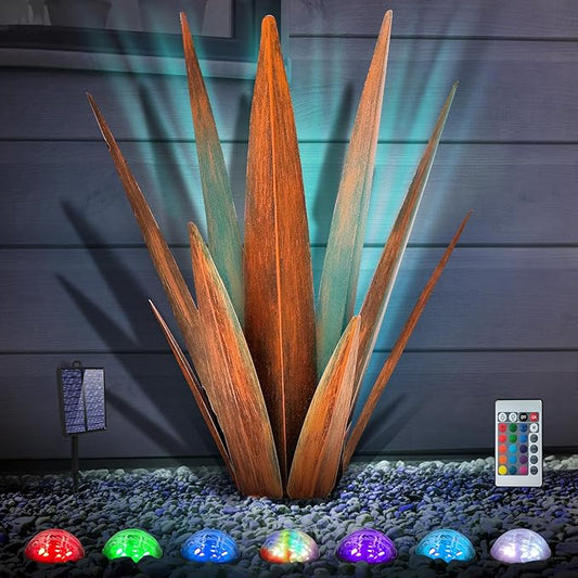 Large Tequila Rustic Sculpture, Rustic Metal Agave Plants for Outdoor, Metal Agave Garden Yard Statue, Outdoor Lawn Ornaments Yard Stakes (Rusty - L (W/Solar Light))
