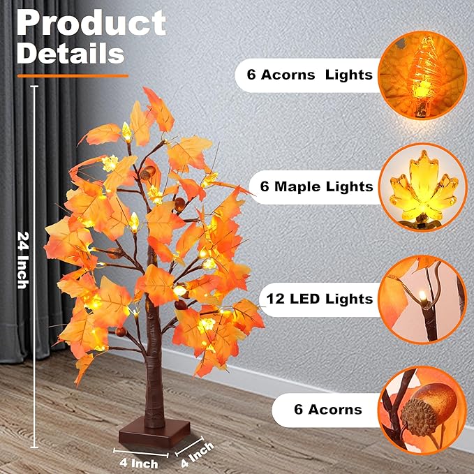 2 Pack 24 Inch Prelit Fall Maple Tree Fall Decorations for Home with 48 LEDs Battery Operated Timer Lighted Acorn Maple Tabletop Light Up Tree for Office Fall Decor Thanksgiving Decorations Indoor