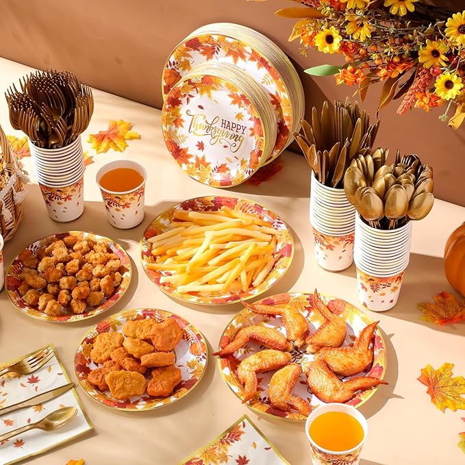 350 Pcs Thanksgiving Fall Party Supplies Maple Leaf Dinnerware Set Disposable Plates Napkins Paper Cups Plastic Cutlery for Autumn Thanksgiving Harvest Party Decor Serves 50(Maple Leaf)