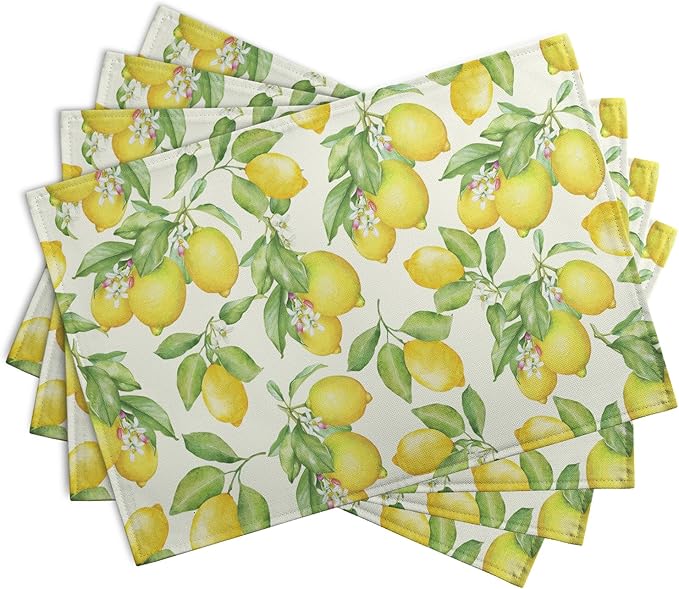 Lemon Placemats Set of 4 Summer Yellow Fruit Green Leaf Floral Linen Table Mat Rustic Farmhouse Spring Heat Resistant Non Slip Washable Place Mats for Dining Kitchen Party Decor