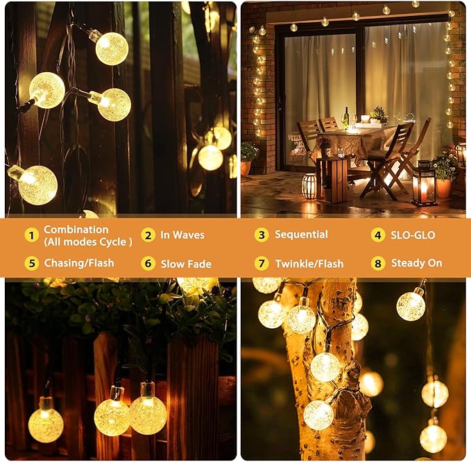 Outdoor Solar String Lights, 46FT 66LED 8Modes Crystal Solar Powered Christmas Fairy String Lights Waterproof for Outside Yard Fence Easter Holiday Party Porch Garden Decor(Warm White)
