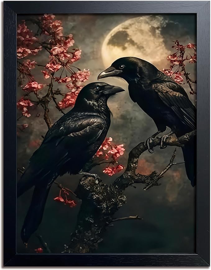 Black Wood Framed Halloween Canvas Wall Art Painting, Vintage Black Crow Cherry Blossom Wall Decor Picture, Dark Academia Gothic Poster Print Photo for Living Room Bedroom Office Decor 12x16 Inch