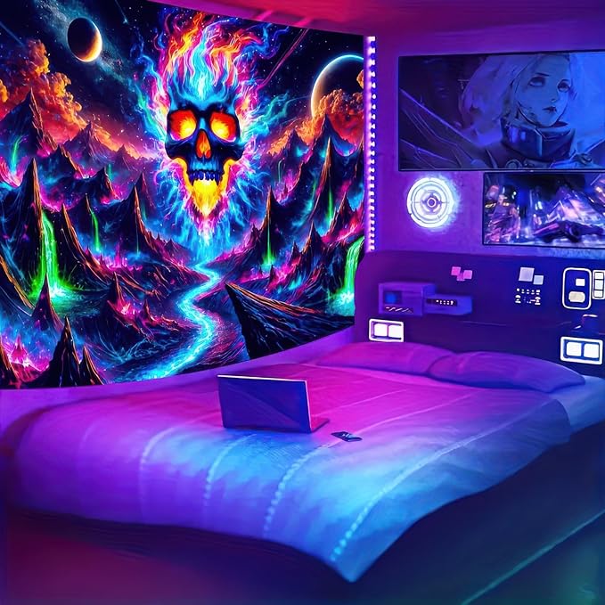BlissYard Blacklight Skull Tapestry UV Reactive Tapestry 78x59 Inch Black Light Galaxy Planet Glowing Large Neon Posters Wall Hanging for Home Living Room Bedroom Decor