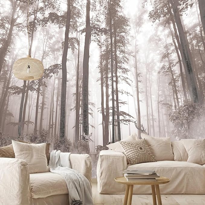 AFZEVEB-Forest Wallpaper Vintage Trees with Deer Wall murals for Bedroom 136"x96" (Not Peel and Stick)