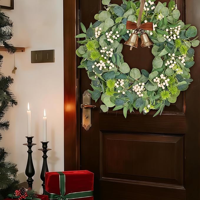 GENMOUS 24Inch Artificial Eucalyptus Wreath for Front Door, Christmas Wreaths with Ivory Berries Silver Dollar, Green Wedding Home Wall Door Hanging Decor All Seasons, Holiday Thanksgiving Halloween