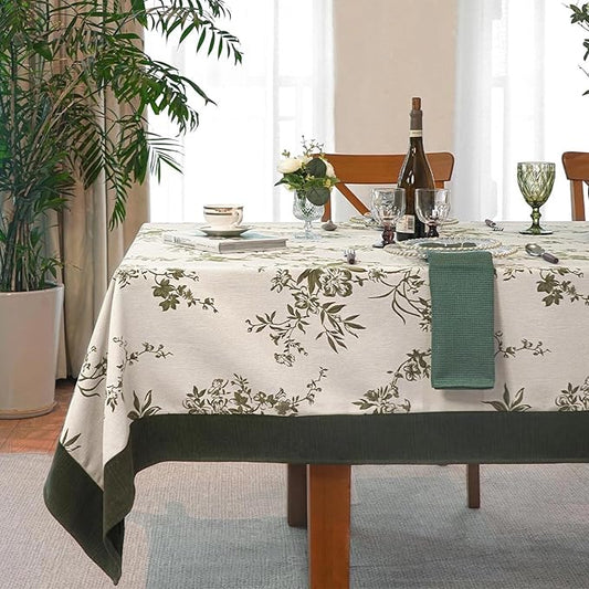 Spring Rectangle Tablecloth, French Jacquard Green Table Cloth, Vintage Floral Country Table Cover for Dining, Farmhouse, Outdoor - 54''x72''