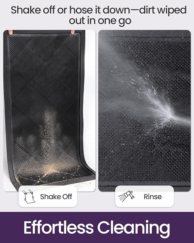 DEXI Front Door Mats Outside Entrance, 17x36 Rubber Waterproof Dirt Trapping Entry Mat for Entryway, Heavy Duty Non-Slip Low-Profile Welcome Doormat All Weather for Patio, Black