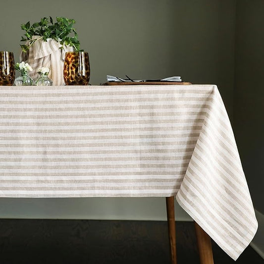 Solino Home Linen Tablecloth 60 x 90 Inch - Amalfi Stripe 100% Pure Linen Natural and White Table Cloth for Rectangle Tables - Machine Washable Tablecloth for Fall, Autumn, Thanksgiving