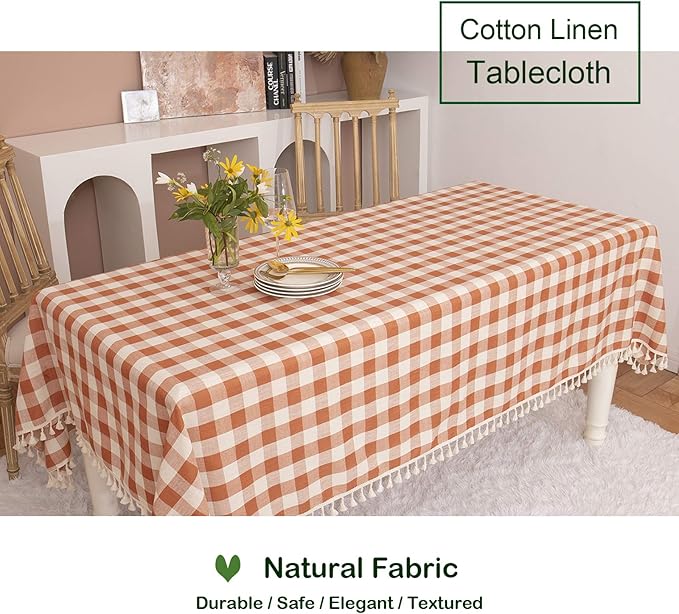 Rustic Gingham Tablecloth, Cotton Buffalo Plaid Table Cloth for Fall Thanksgiving Christmas Kitchen Restaurant Holiday Outdoor Picnic Decoration（Rectangle/Oblong, 55x102,Orange