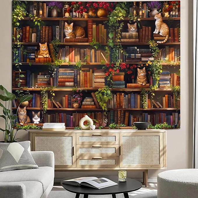Accnicc Plant Cat Bookshelf Tapestry Botanical Floral Flower Cats Book Tapestries Wall Hanging Vintage Library Small Tapestry for Bedroom Living Room Dorm 60 x 44 inch