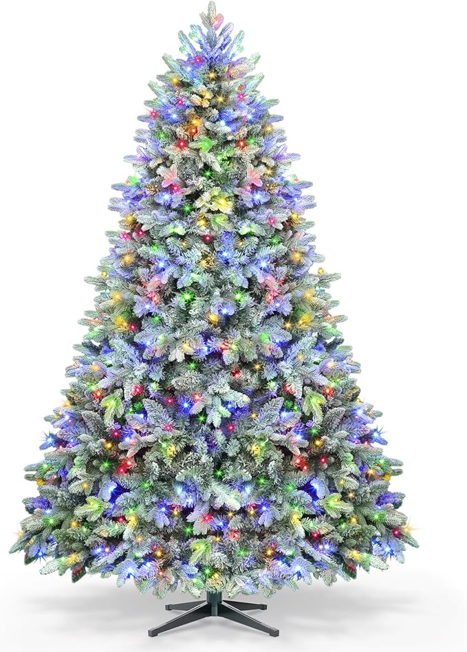 7.5ft Pre-lit Artificial Christmas Tree with Remote, Snow Flocked Xmas Trees Rotating & Foldable Stand, RGB & Warm White Light for Home Decor