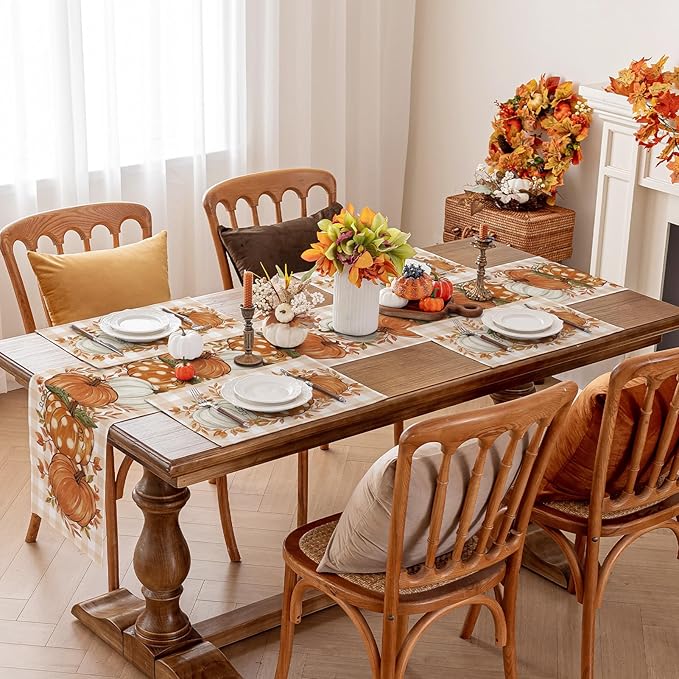 Romanstile Pumpkin Leaves Fall Table Runner, Buffalo Plaid Autumn Thanksgiving Harvest Farmhouse Style Table Decoration for Dining, Party, Holiday - 13x48 Inch, Orange
