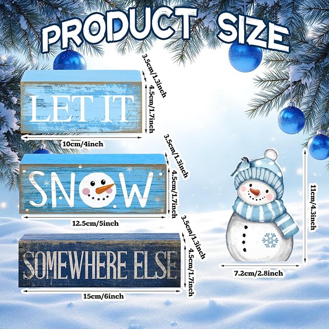 4 Pcs Snowman Christmas Table Decorations Winter Tiered Tray Decor Christmas Centerpiece Rustic Blue and White Decorative Snowman Block Sign Gift for Winter Wonderland Party Home Kitchen