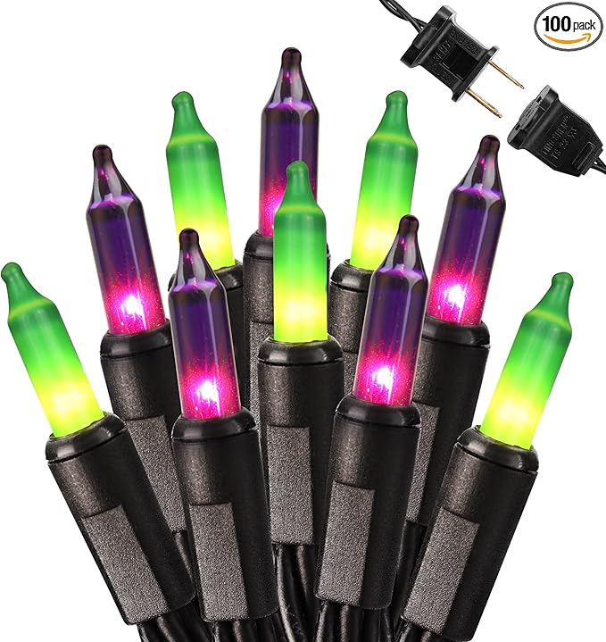 Brizled Waterproof Purple & Green Halloween Lights, 100 Count Incandescent Mini String Lights, UL Listed for Indoor Outdoor Use