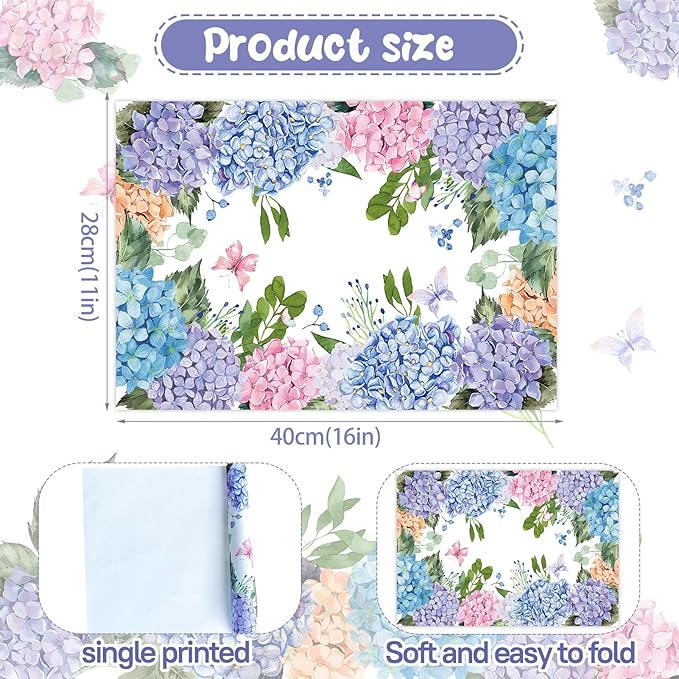 Paper Placemats Disposable 50 Pack Hydrangea Placemats 16x 11 Inch Floral Place Mats for Spring Summer Dining Table Wedding Party Supplies