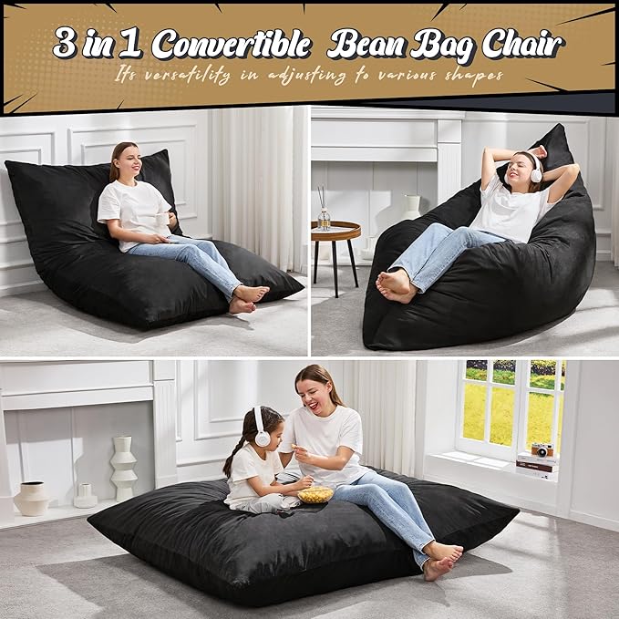Hobestluk 3 in 1 Bean Bag Chair Giant Bean Bag Chairs for Adults with Velvet Cover Convertible Bean Bag Floor Cushion with Machine Washable Cover for Living Room (Velvet Black)
