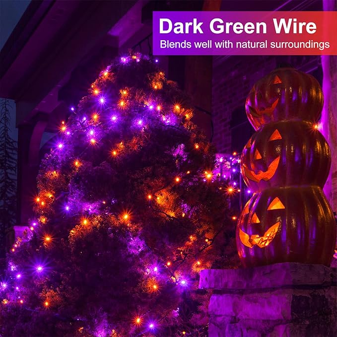 Purple and Orange Halloween Lights, 100FT 300 LED String Lights for Outside with 8 Modes Waterproof, Plug in Green Wire Twinkle Light for Indoor Tree Patio Garden Party House Holiday Decor