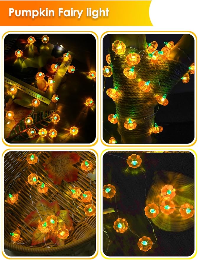 2 Pack 60LED Fall Decoration 3D Pumpkin String Lights Battery Operated, 20FT Fall Lights with Remote, Waterproof 8 Modes Fairy Lights for Autumn Harvest Thanksgiving Halloween Decor