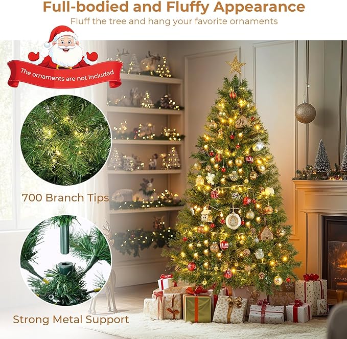 6 ft Artificial Christmas Tree with 700 PVC Branch Tips, Holiday Xmas Tree with Foldable Metal Base and Easy Assembly, Christmas Trees for Yard Porch Home Office Party Decoration, Green