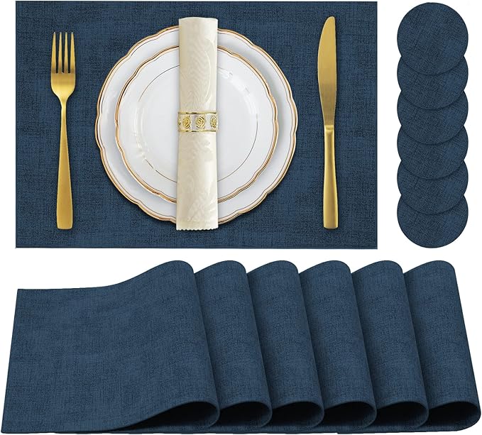 Faux Leather Placemats Set of 6,Heat Resistant Placemats for Dining Table, Easy Clean Non-Slip Place Mats, Waterproof Stain Resistant Wipeable Washable PU Table Mats, (Navy Blue)