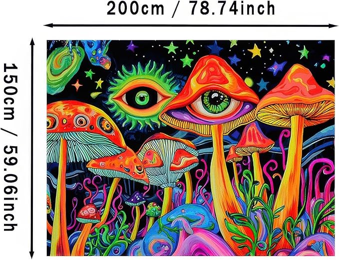 BlissYard Blacklight Tapestry Mushrooms Tapestry for Bedroom Uv Reactive Tapestry 78x59 Inches Cosmic Mushrooms Wall Hanging, Fluorescent Art Decoration with Eyes, Stars, and Psychedelic Design