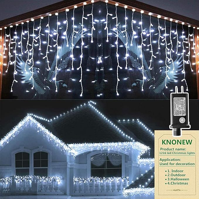 KNONEW 99FT 1216 LED Christmas Lights Outdoor Decorations 8 Modes White Curtain String Light with 228 Drops, Clear Wire LED String Light Indoor Decor for Wedding Party Holiday Christmas