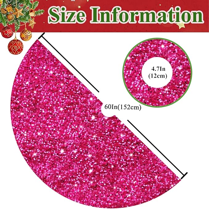 MODFUNS Glitter Christmas Tree Skirt Hot Pink Sparkly Tree Skirt 60 Inch Christmas Tree Mat Large Sequins Xmas Tree Skirt Rustic Shiny Tree Carpet Velvet Tree Cover Skirt for Xmas Celebration Decor