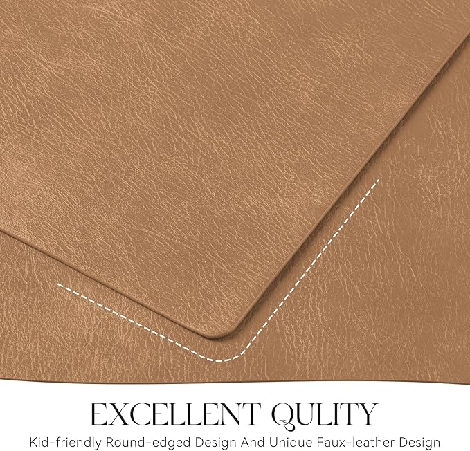 MOSAYT Vinyl Placemats Set of 8-12 X 17 Inch - Faux Leather 100% Waterproof Oil-Proof Wipeable PU Place Mats, Heat Resistant Reversible Table Mats for Kitchen, Dining, Outdoor (Camel)