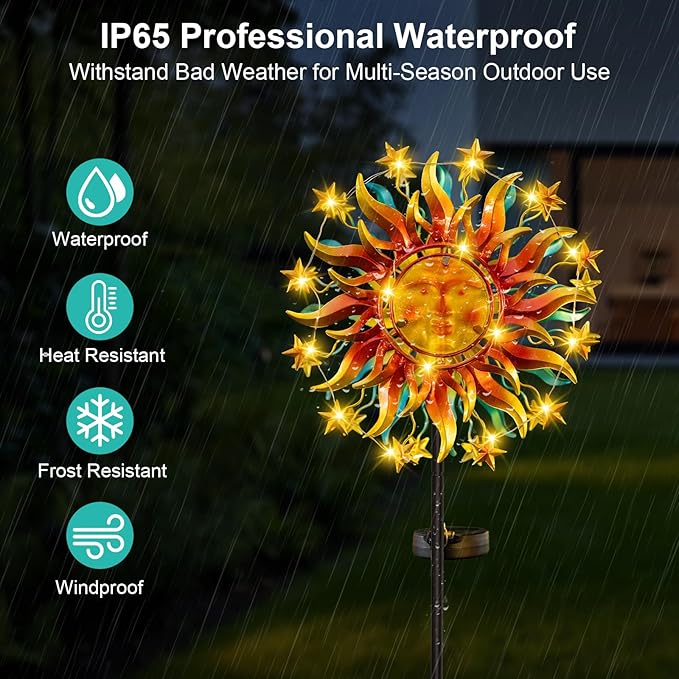 Solar Wind Spinners for Yard and Garden - 60.3 Inch 360° Metal Sun Wind Sculptures Outdoor Clearance Kinetic Windmills with Vine String Shining LED Lights for Patio, Lawn Xmas Garden Decoration