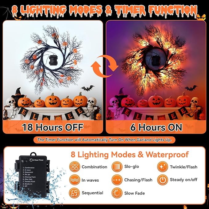 [8 Modes & Timer] 6Ft 45 LED Halloween Willow Vine Twig Garland with Orange Lights - Battery Operated, Waterproof Halloween Decor for Indoor Wall, Fireplace Mantle, Home Party (Pumpkin, 6FT)