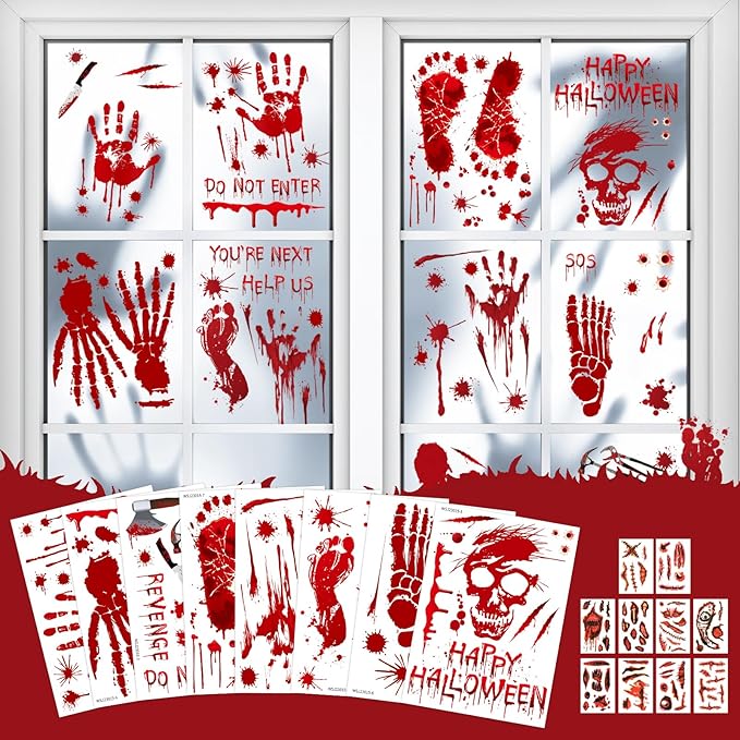New Halloween Decorations 165 PCS, 8 Sheets Bloody Handprint Footprint Halloween Wall Decal Floor Window Stickers,10 Sheets Wound Tattoo Stickers