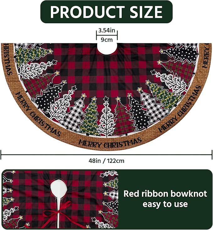 Christmas Tree Skirt 48 Inch, Red and Black Buffalo Plaid Xmas Tree Skirts, Winter Christmas Trees Mat for Home Party Holiday Indoor Outdoor Decorations
