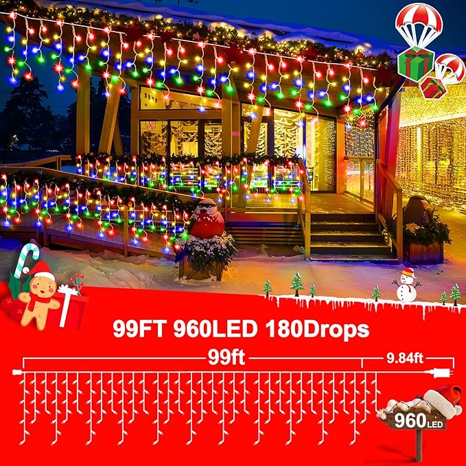 KNONEW 99ft 960 LED Christmas Lights Outdoor Decorations with 180 Drops, 8 Modes Curtain Fairy Light, Clear Wire LED String Light Indoor Decor for Wedding Party Christmas(Multicolor)