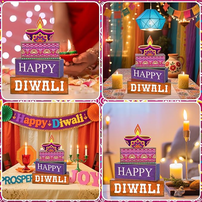 4 Pcs Diwali Wooden Table Decoration Centerpiece Happy Diwali Tiered Tray Decor Warm Wishes Diyas Wooden Design for Traditional Festival Party Deepawali Celebration Supplies