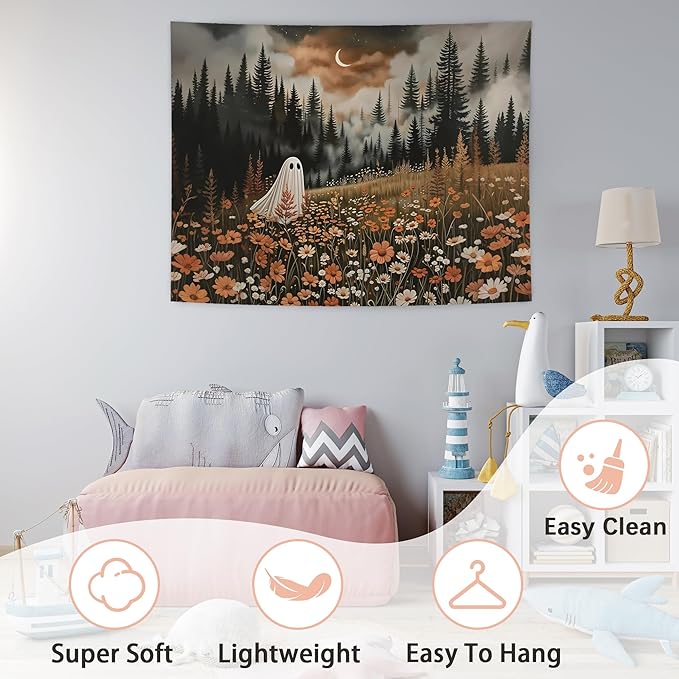NATSUNO Halloween Tapestry, Halloween Spooky Ghost Wall Tapestry for Bedroom, Whimsical Enchanted Forest Flower Ghost Tapestries Wall Hanging for Home Living Room Decor, 50x60 Inches