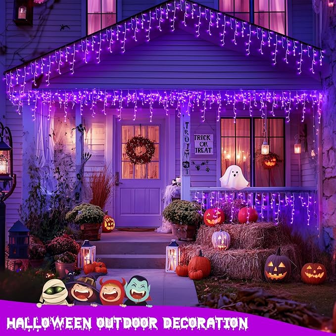 JMEXSUSS Purple Halloween Icicle Lights, 38.8 FT 400 LED Icicle Light Outdoor Waterproof, 8 Modes Purple Halloween Lights with 80 Drops Plug in for House Christmas Party Decorations