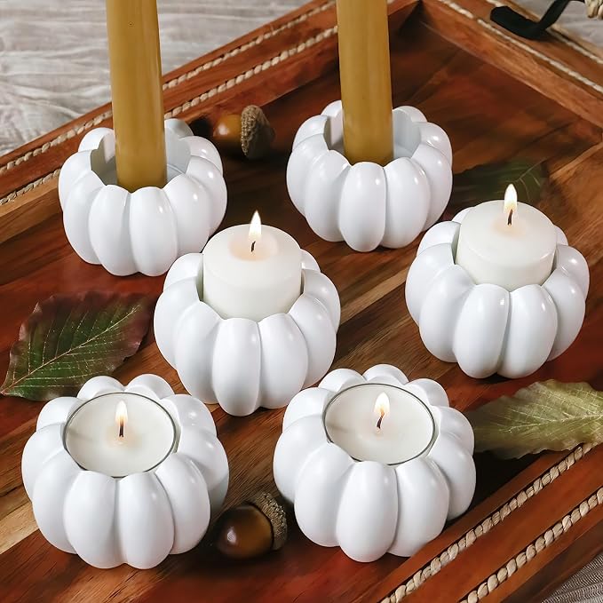 Kate Aspen 2-in-1 White Pumpkin Candlestick Holders, Taper Candle, Tealight & Votive Candle Holders (Set of 6), Dining Table Decor, Shelf Decor, Centerpiece