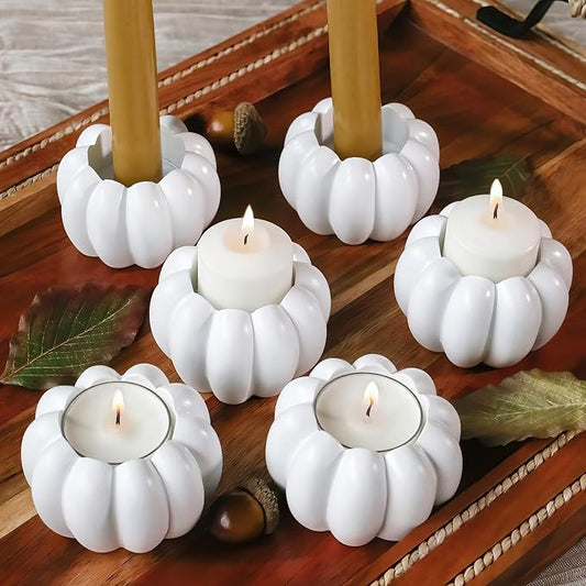 Kate Aspen 2-in-1 White Pumpkin Candlestick Holders, Taper Candle, Tealight & Votive Candle Holders (Set of 6), Dining Table Decor, Shelf Decor, Centerpiece