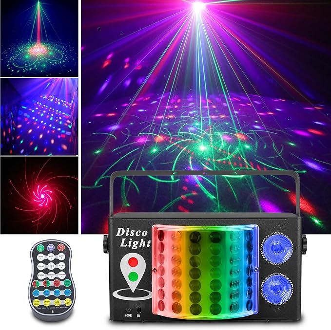 3-in-1 Disco Party Lights, LED DJ Rave Strobe Light, Sound Activated Remote Control Stage Light Projecter Dancing Lights for Wedding Birthday Christmas Holiday Music Show Dance (8.46“*4.52”*5.3“)