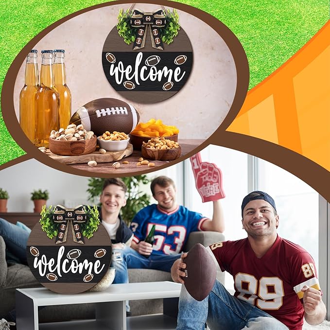 Hello Fall Football Sign for Front Door Thanksgiving Wooden Hanging Sign Fall Welcome Wreaths with Bow Turkey Farmhouse Wall Decoration for Home Autumn Harvest Front Porch Decor(Football)