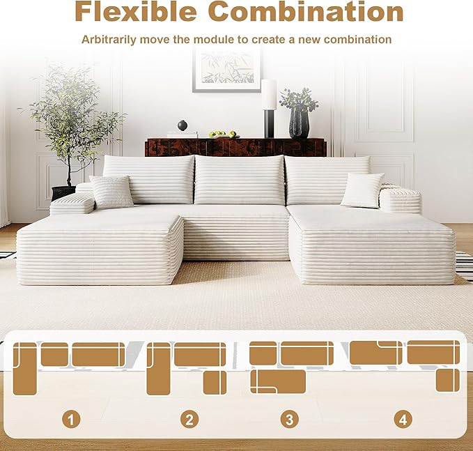 108" Sectional Couches for Living Room Modern Modular Sofa with L-Shape Couchs Upholstered Boneless Couch Deep Seat Sectional Couch with Chaise (White, Right Facing Chaise+2Seaters+1Ottoman)