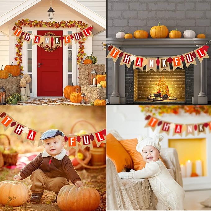 Thankful Burlap Banner Fall Autumn Maple Leaves Rustic Burlap Harvest Banner Mantel Fireplace Wall Hanging for Home Office School Party Decor Thanksgiving Decoration