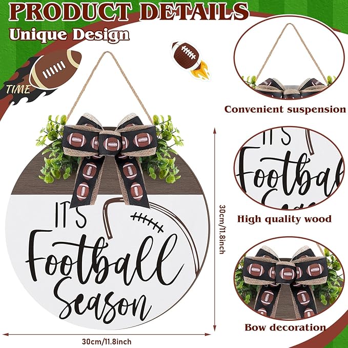 Hello Fall Football Sign for Front Door Thanksgiving Wooden Hanging Sign Fall Welcome Wreaths with Bow Turkey Farmhouse Wall Decoration for Home Autumn Harvest Front Porch Decor(Season)