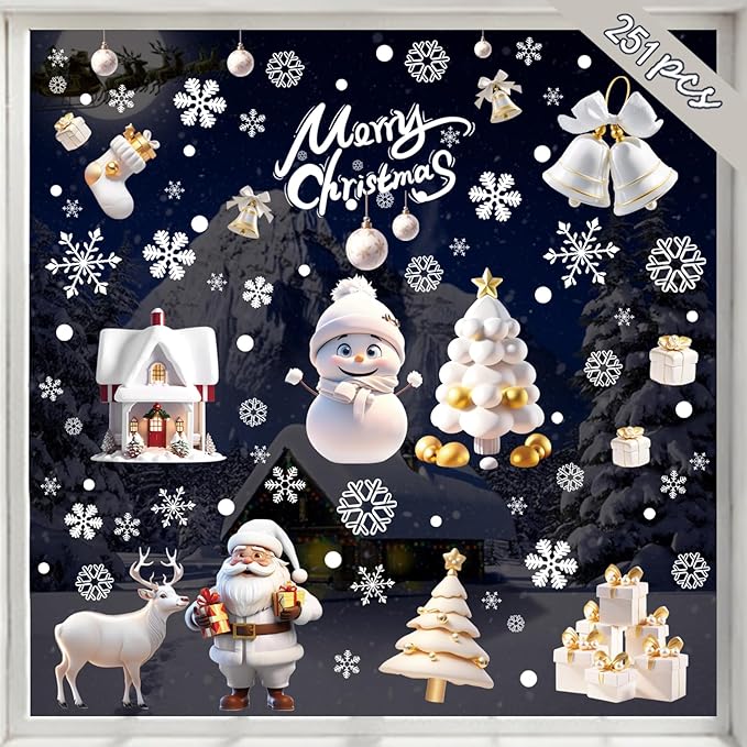 251PCS Christmas Window Clings Stickers for Glass, Xmas Decals Decorations Holiday Snowflakes Santa Snowman Gift and Reindeer Winter Wonderland Decals for Party