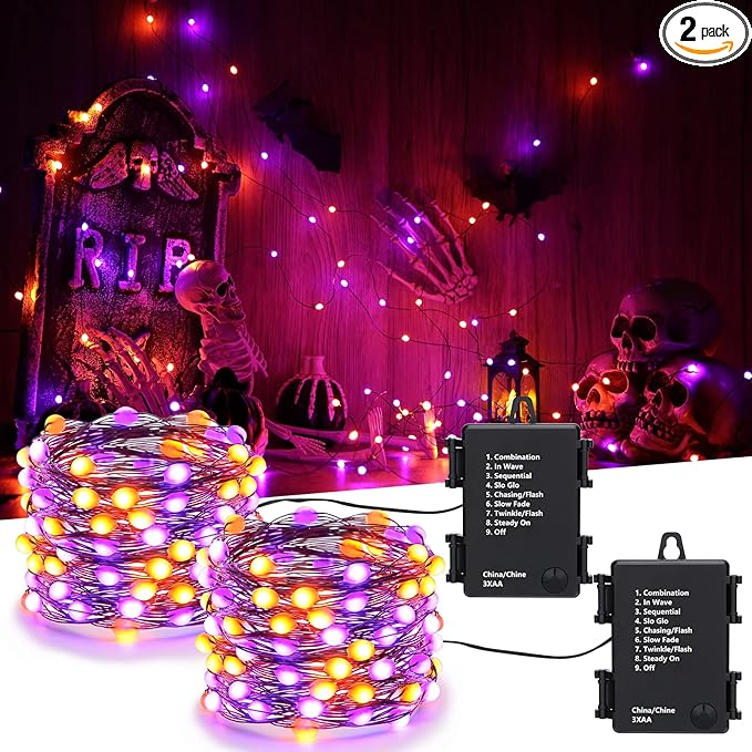 iBaycon 2 Pack 50 LED Battery Halloween Lights, 16.4ft Battery Operated Halloween Lights, Orange Purple Waterproof Twinkle Fairy Lights with 8 Modes & Timer for Indoor Outdoor Halloween Decorations