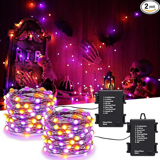 iBaycon 2 Pack 50 LED Battery Halloween Lights, 16.4ft Battery Operated Halloween Lights, Orange Purple Waterproof Twinkle Fairy Lights with 8 Modes & Timer for Indoor Outdoor Halloween Decorations